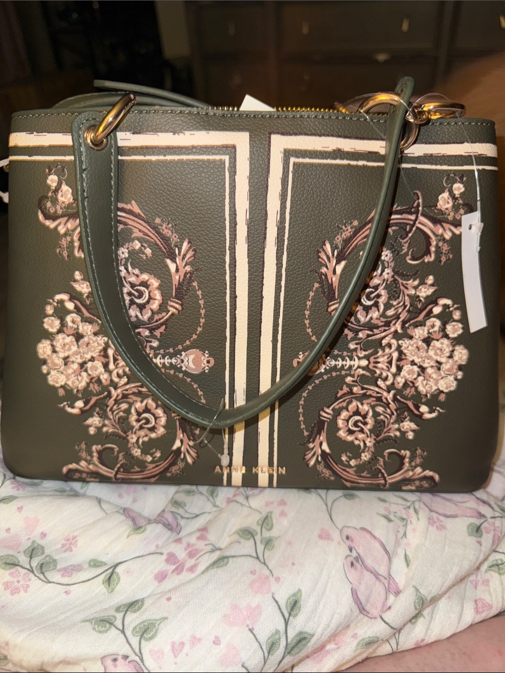 Anne Klein Olive Green Floral Satchel with Pink Accents